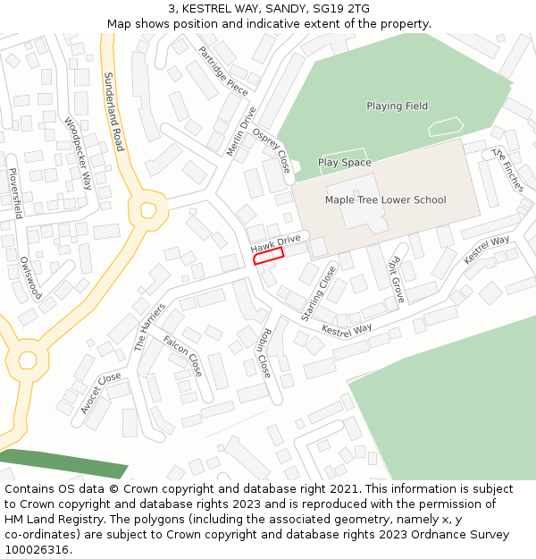 3, KESTREL WAY, SANDY, SG19 2TG: Location map and indicative extent of plot