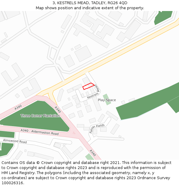 3, KESTRELS MEAD, TADLEY, RG26 4QD: Location map and indicative extent of plot