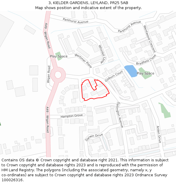 3, KIELDER GARDENS, LEYLAND, PR25 5AB: Location map and indicative extent of plot