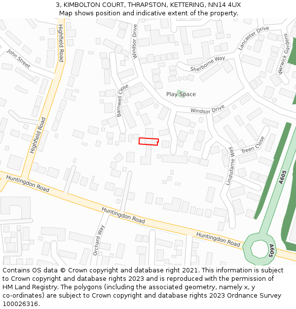 3, KIMBOLTON COURT, THRAPSTON, KETTERING, NN14 4UX: Location map and indicative extent of plot