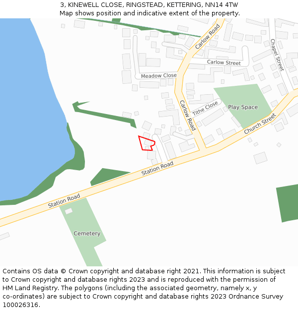 3, KINEWELL CLOSE, RINGSTEAD, KETTERING, NN14 4TW: Location map and indicative extent of plot
