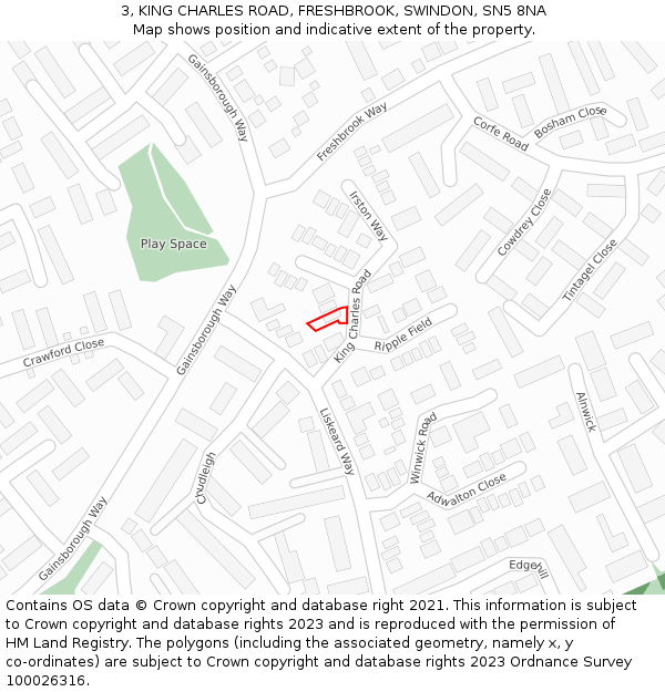 3, KING CHARLES ROAD, FRESHBROOK, SWINDON, SN5 8NA: Location map and indicative extent of plot