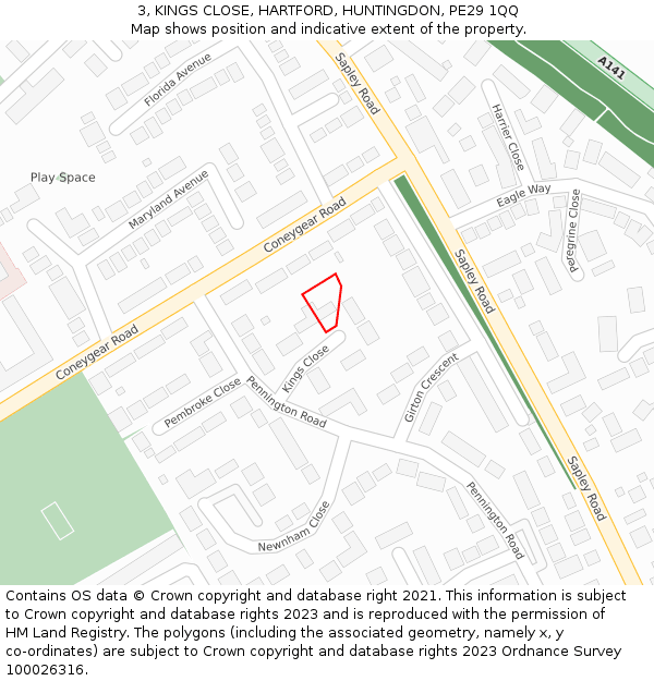 3, KINGS CLOSE, HARTFORD, HUNTINGDON, PE29 1QQ: Location map and indicative extent of plot