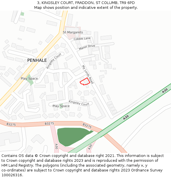 3, KINGSLEY COURT, FRADDON, ST COLUMB, TR9 6PD: Location map and indicative extent of plot