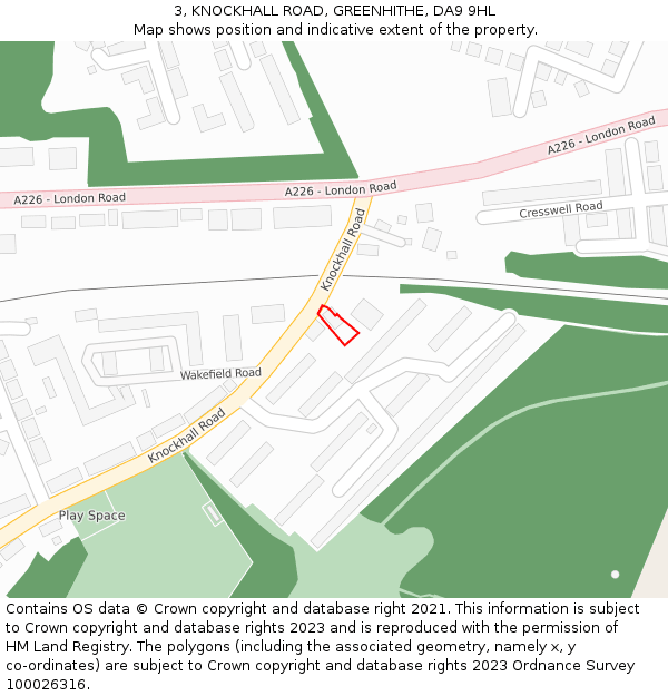 3, KNOCKHALL ROAD, GREENHITHE, DA9 9HL: Location map and indicative extent of plot