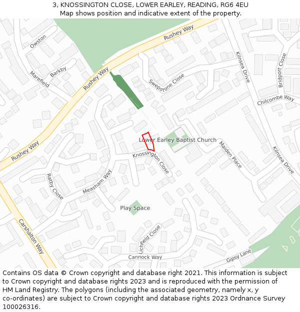 3, KNOSSINGTON CLOSE, LOWER EARLEY, READING, RG6 4EU: Location map and indicative extent of plot