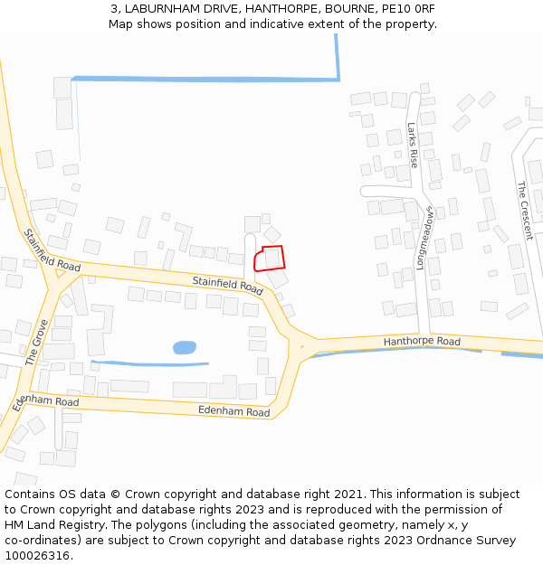 3, LABURNHAM DRIVE, HANTHORPE, BOURNE, PE10 0RF: Location map and indicative extent of plot