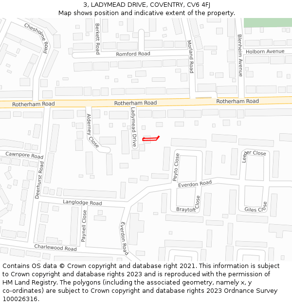 3, LADYMEAD DRIVE, COVENTRY, CV6 4FJ: Location map and indicative extent of plot