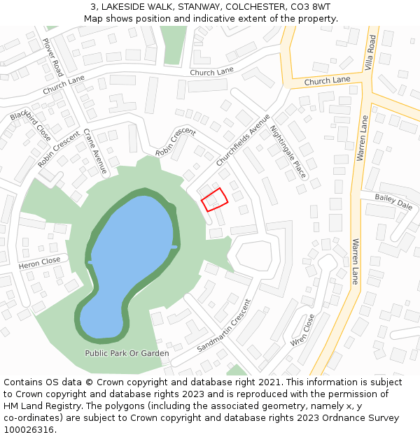 3, LAKESIDE WALK, STANWAY, COLCHESTER, CO3 8WT: Location map and indicative extent of plot