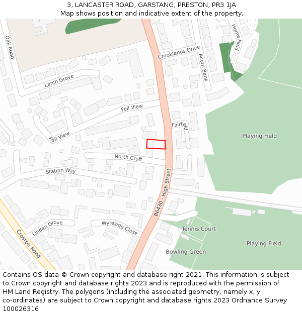 3, LANCASTER ROAD, GARSTANG, PRESTON, PR3 1JA: Location map and indicative extent of plot