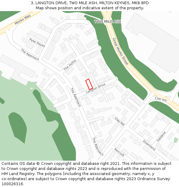 3, LANGTON DRIVE, TWO MILE ASH, MILTON KEYNES, MK8 8PD: Location map and indicative extent of plot