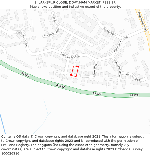 3, LARKSPUR CLOSE, DOWNHAM MARKET, PE38 9RJ: Location map and indicative extent of plot