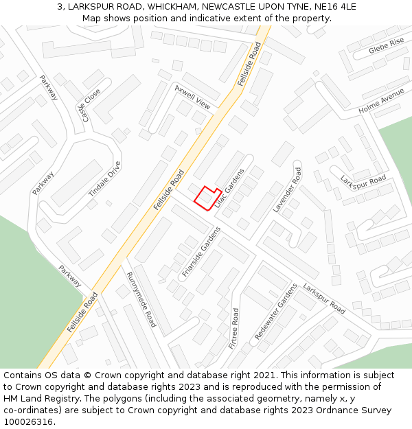 3, LARKSPUR ROAD, WHICKHAM, NEWCASTLE UPON TYNE, NE16 4LE: Location map and indicative extent of plot