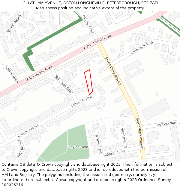 3, LATHAM AVENUE, ORTON LONGUEVILLE, PETERBOROUGH, PE2 7AD: Location map and indicative extent of plot