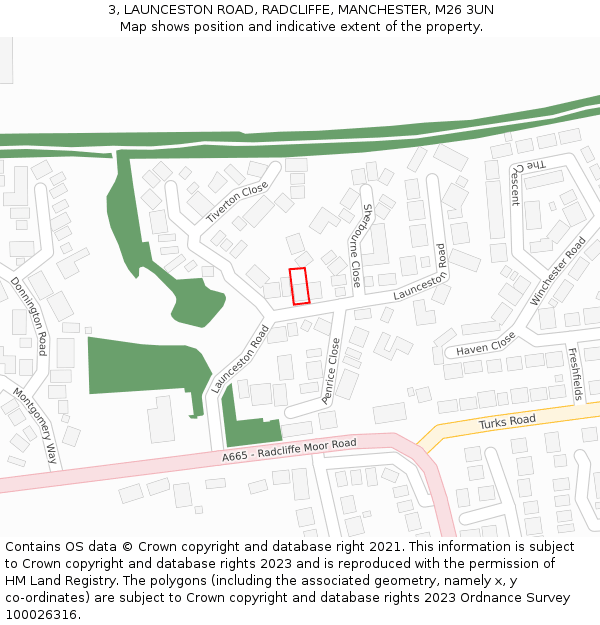 3, LAUNCESTON ROAD, RADCLIFFE, MANCHESTER, M26 3UN: Location map and indicative extent of plot