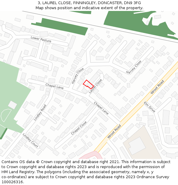 3, LAUREL CLOSE, FINNINGLEY, DONCASTER, DN9 3FG: Location map and indicative extent of plot