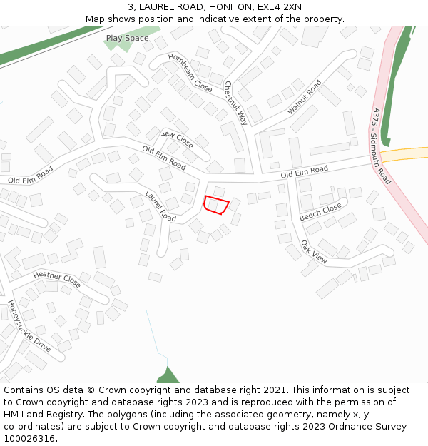 3, LAUREL ROAD, HONITON, EX14 2XN: Location map and indicative extent of plot