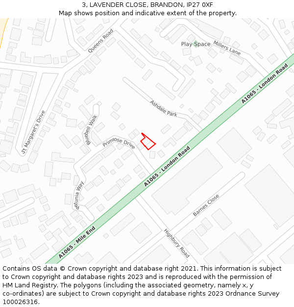 3, LAVENDER CLOSE, BRANDON, IP27 0XF: Location map and indicative extent of plot