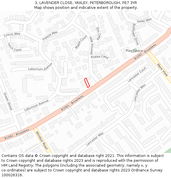 3, LAVENDER CLOSE, YAXLEY, PETERBOROUGH, PE7 3YR: Location map and indicative extent of plot