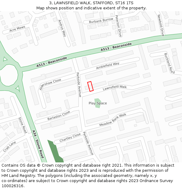 3, LAWNSFIELD WALK, STAFFORD, ST16 1TS: Location map and indicative extent of plot