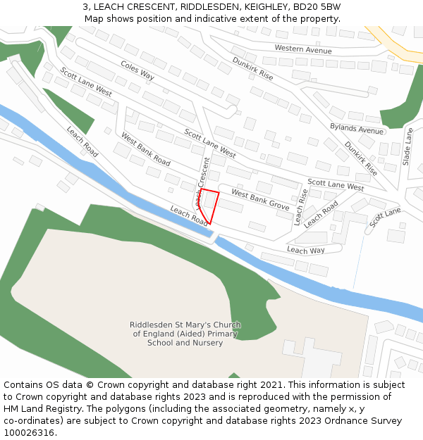 3, LEACH CRESCENT, RIDDLESDEN, KEIGHLEY, BD20 5BW: Location map and indicative extent of plot