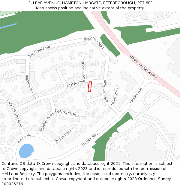 3, LEAF AVENUE, HAMPTON HARGATE, PETERBOROUGH, PE7 8EF: Location map and indicative extent of plot