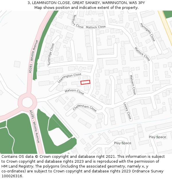 3, LEAMINGTON CLOSE, GREAT SANKEY, WARRINGTON, WA5 3PY: Location map and indicative extent of plot