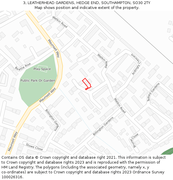 3, LEATHERHEAD GARDENS, HEDGE END, SOUTHAMPTON, SO30 2TY: Location map and indicative extent of plot