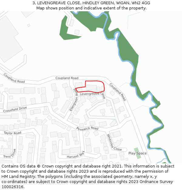 3, LEVENGREAVE CLOSE, HINDLEY GREEN, WIGAN, WN2 4GG: Location map and indicative extent of plot