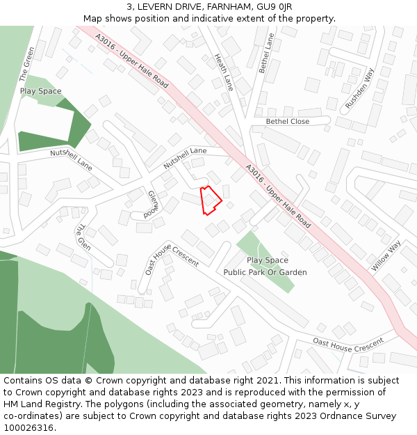 3, LEVERN DRIVE, FARNHAM, GU9 0JR: Location map and indicative extent of plot