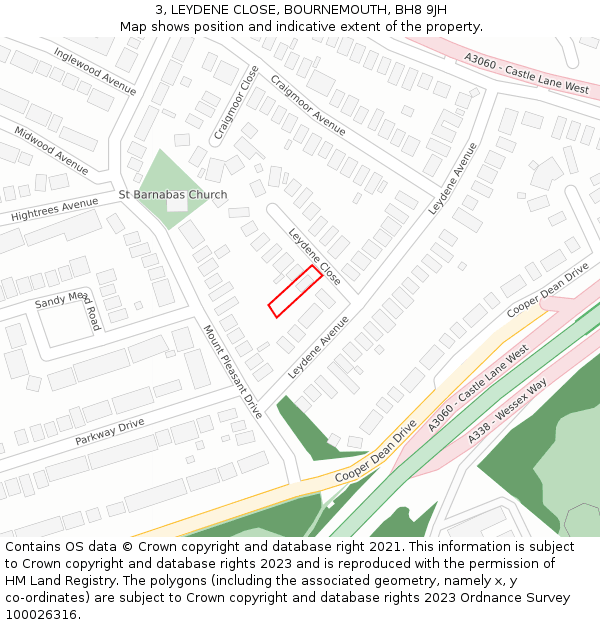 3, LEYDENE CLOSE, BOURNEMOUTH, BH8 9JH: Location map and indicative extent of plot