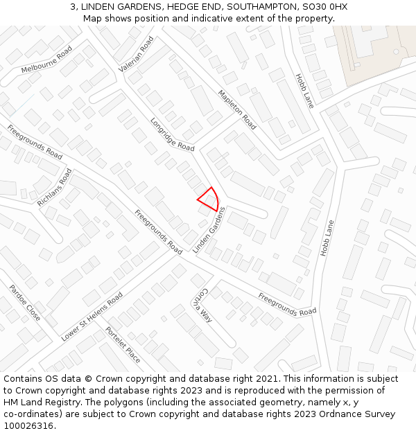 3, LINDEN GARDENS, HEDGE END, SOUTHAMPTON, SO30 0HX: Location map and indicative extent of plot