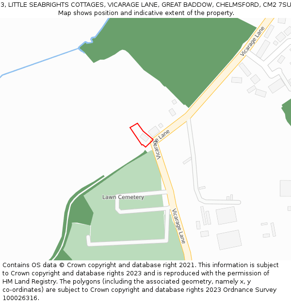 3, LITTLE SEABRIGHTS COTTAGES, VICARAGE LANE, GREAT BADDOW, CHELMSFORD, CM2 7SU: Location map and indicative extent of plot