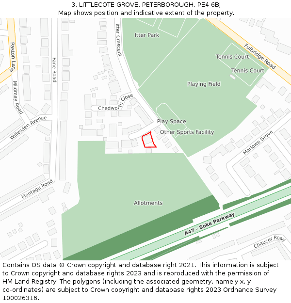 3, LITTLECOTE GROVE, PETERBOROUGH, PE4 6BJ: Location map and indicative extent of plot