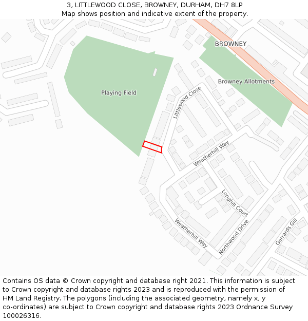 3, LITTLEWOOD CLOSE, BROWNEY, DURHAM, DH7 8LP: Location map and indicative extent of plot