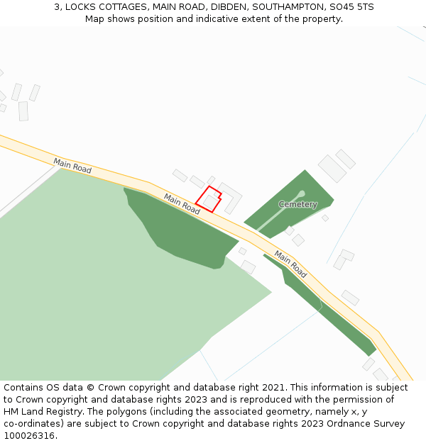 3, LOCKS COTTAGES, MAIN ROAD, DIBDEN, SOUTHAMPTON, SO45 5TS: Location map and indicative extent of plot