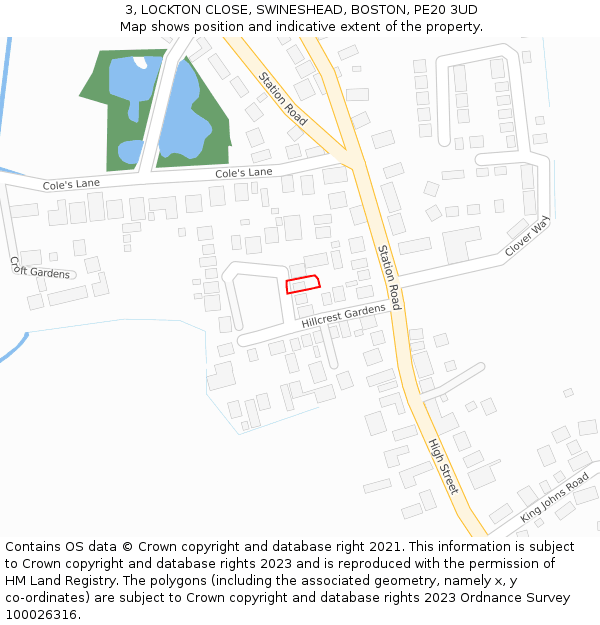 3, LOCKTON CLOSE, SWINESHEAD, BOSTON, PE20 3UD: Location map and indicative extent of plot