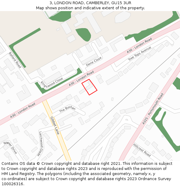 3, LONDON ROAD, CAMBERLEY, GU15 3UR: Location map and indicative extent of plot