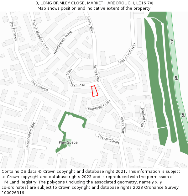 3, LONG BRIMLEY CLOSE, MARKET HARBOROUGH, LE16 7XJ: Location map and indicative extent of plot