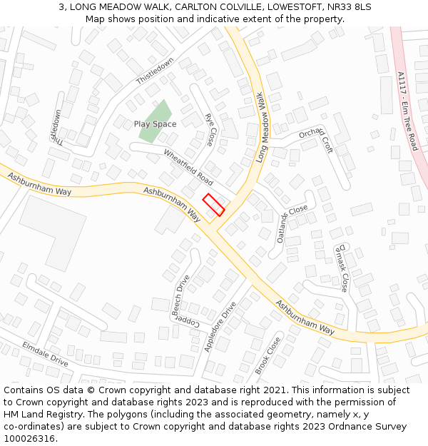 3, LONG MEADOW WALK, CARLTON COLVILLE, LOWESTOFT, NR33 8LS: Location map and indicative extent of plot