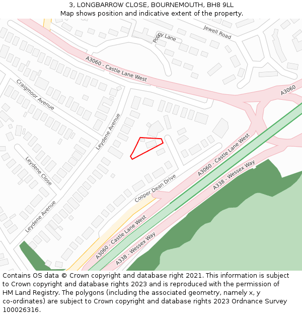 3, LONGBARROW CLOSE, BOURNEMOUTH, BH8 9LL: Location map and indicative extent of plot