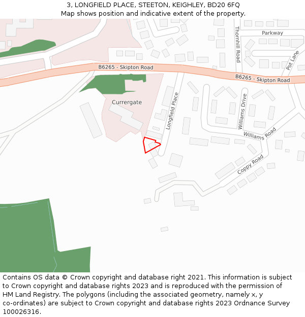 3, LONGFIELD PLACE, STEETON, KEIGHLEY, BD20 6FQ: Location map and indicative extent of plot