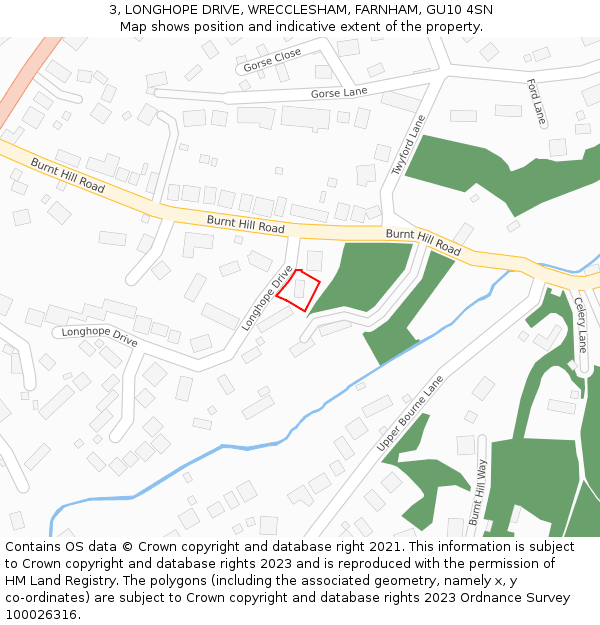 3, LONGHOPE DRIVE, WRECCLESHAM, FARNHAM, GU10 4SN: Location map and indicative extent of plot