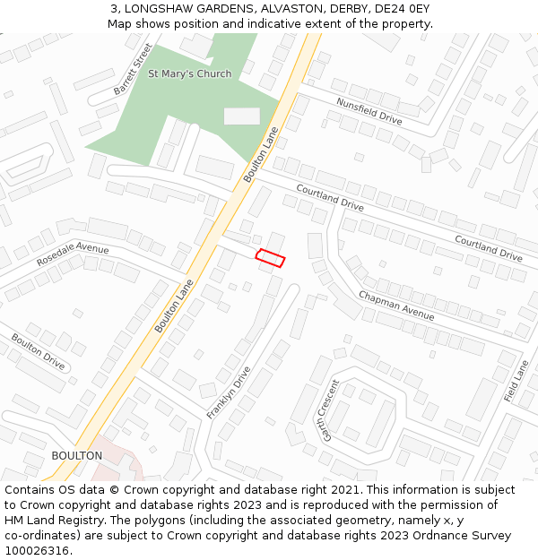 3, LONGSHAW GARDENS, ALVASTON, DERBY, DE24 0EY: Location map and indicative extent of plot