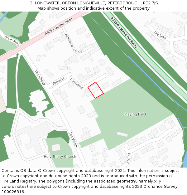 3, LONGWATER, ORTON LONGUEVILLE, PETERBOROUGH, PE2 7JS: Location map and indicative extent of plot