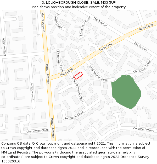 3, LOUGHBOROUGH CLOSE, SALE, M33 5UF: Location map and indicative extent of plot