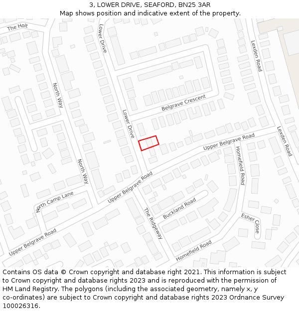 3, LOWER DRIVE, SEAFORD, BN25 3AR: Location map and indicative extent of plot