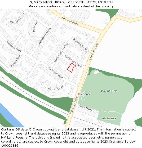 3, MACKINTOSH ROAD, HORSFORTH, LEEDS, LS18 4FU: Location map and indicative extent of plot