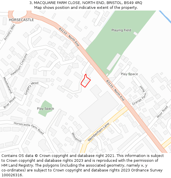 3, MACQUARIE FARM CLOSE, NORTH END, BRISTOL, BS49 4RQ: Location map and indicative extent of plot