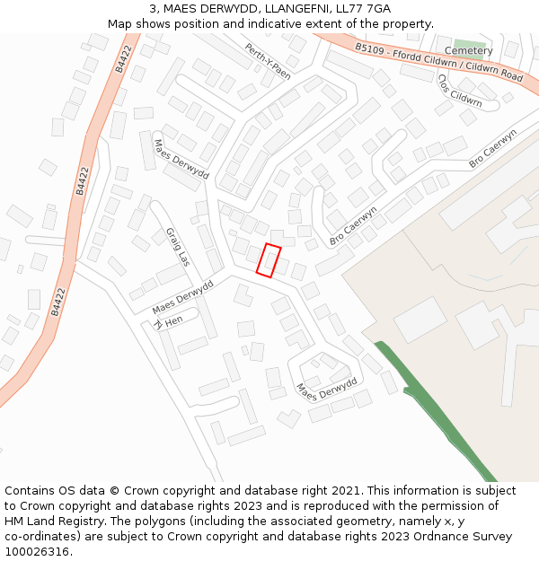 3, MAES DERWYDD, LLANGEFNI, LL77 7GA: Location map and indicative extent of plot